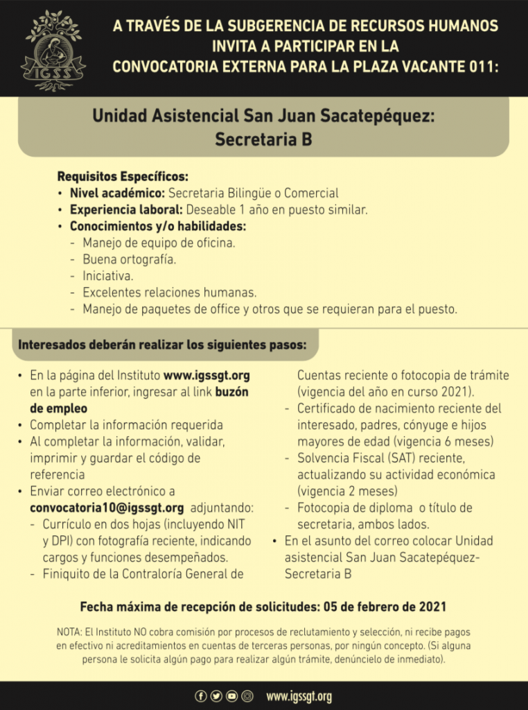 El Igss Invita A Participar En La Convocatoria Externa Para La Plaza 011 De Secretaria “b 9624