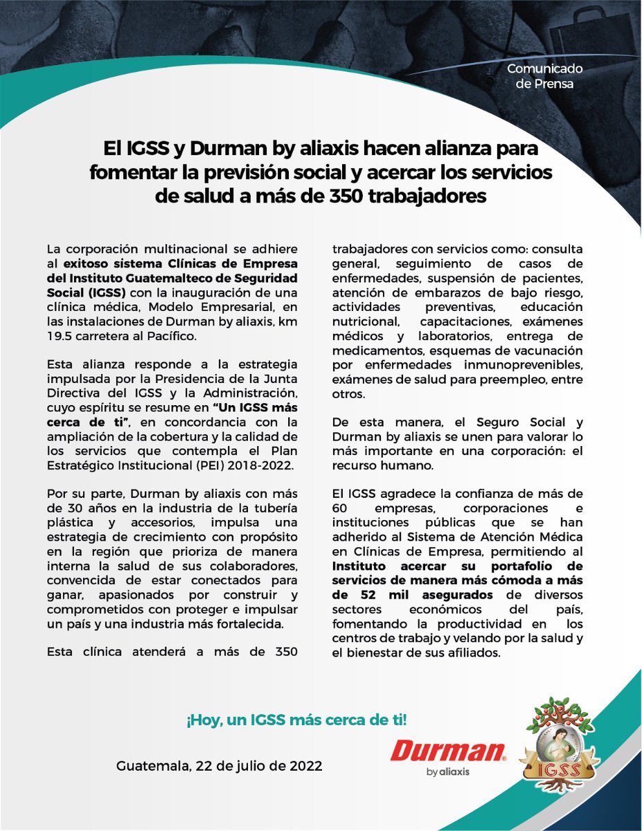 Comunicado. El IGSS y Durman by aliaxis hacen alianza para fomentar la previsión  social y acercar los servicios de salud a más de 350 trabajadores -  Noticias IGSS